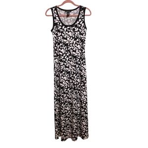 Elegant Black and White Sleeveless Stretchy Geometric Pattern Maxi Dress Size M